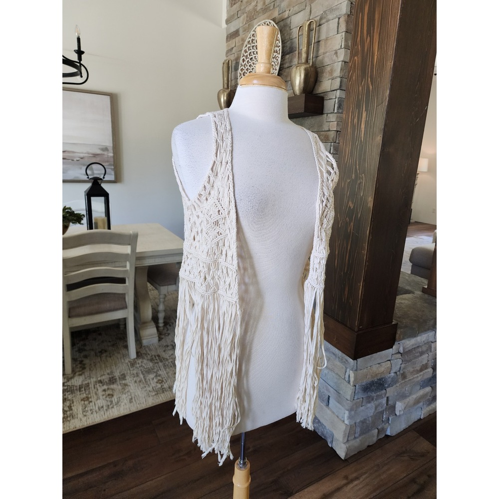 Womens One Size Cream Crochet Macrame Fringe Open Front Boho Vest